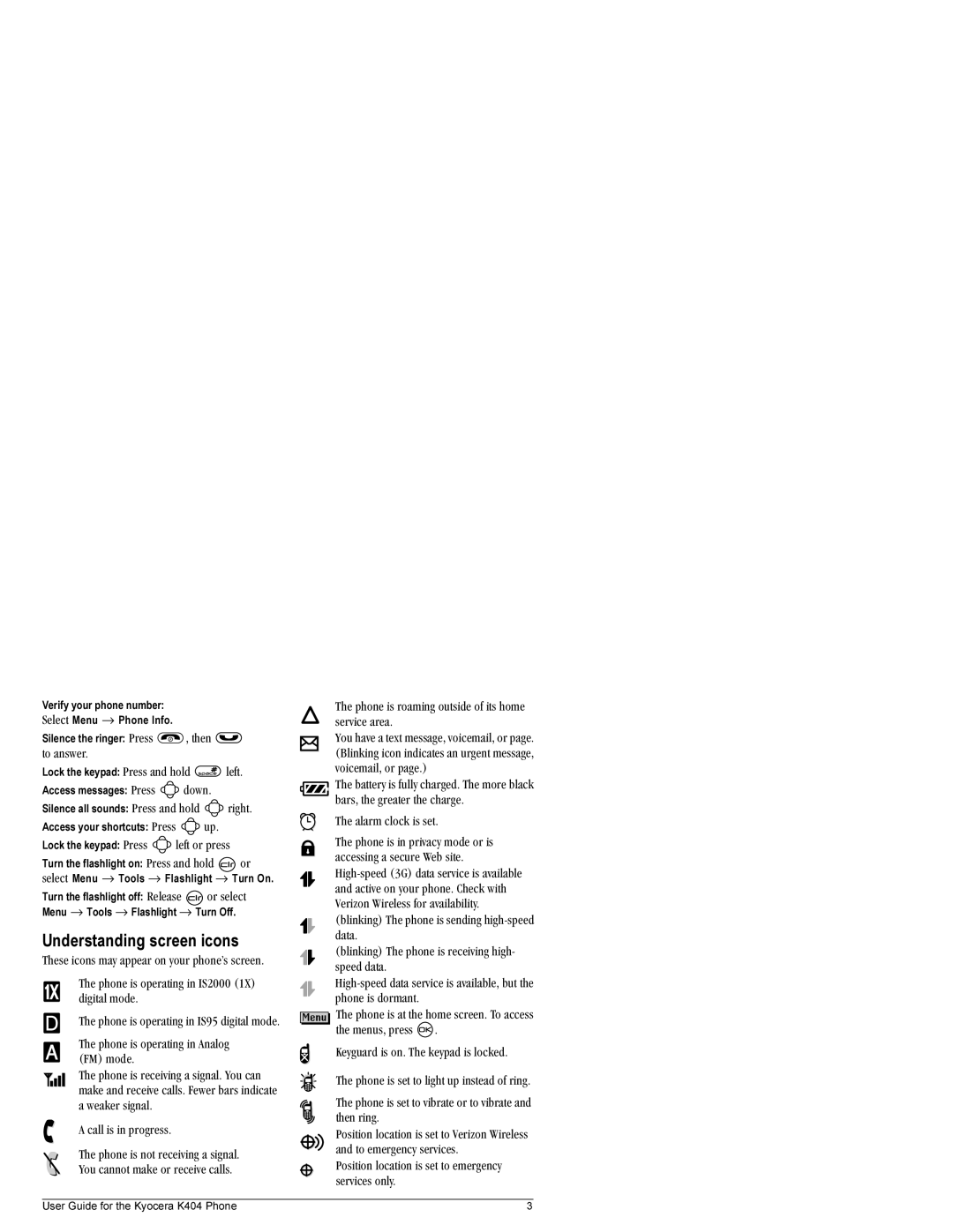 Kyocera K404 manual Understanding screen icons 