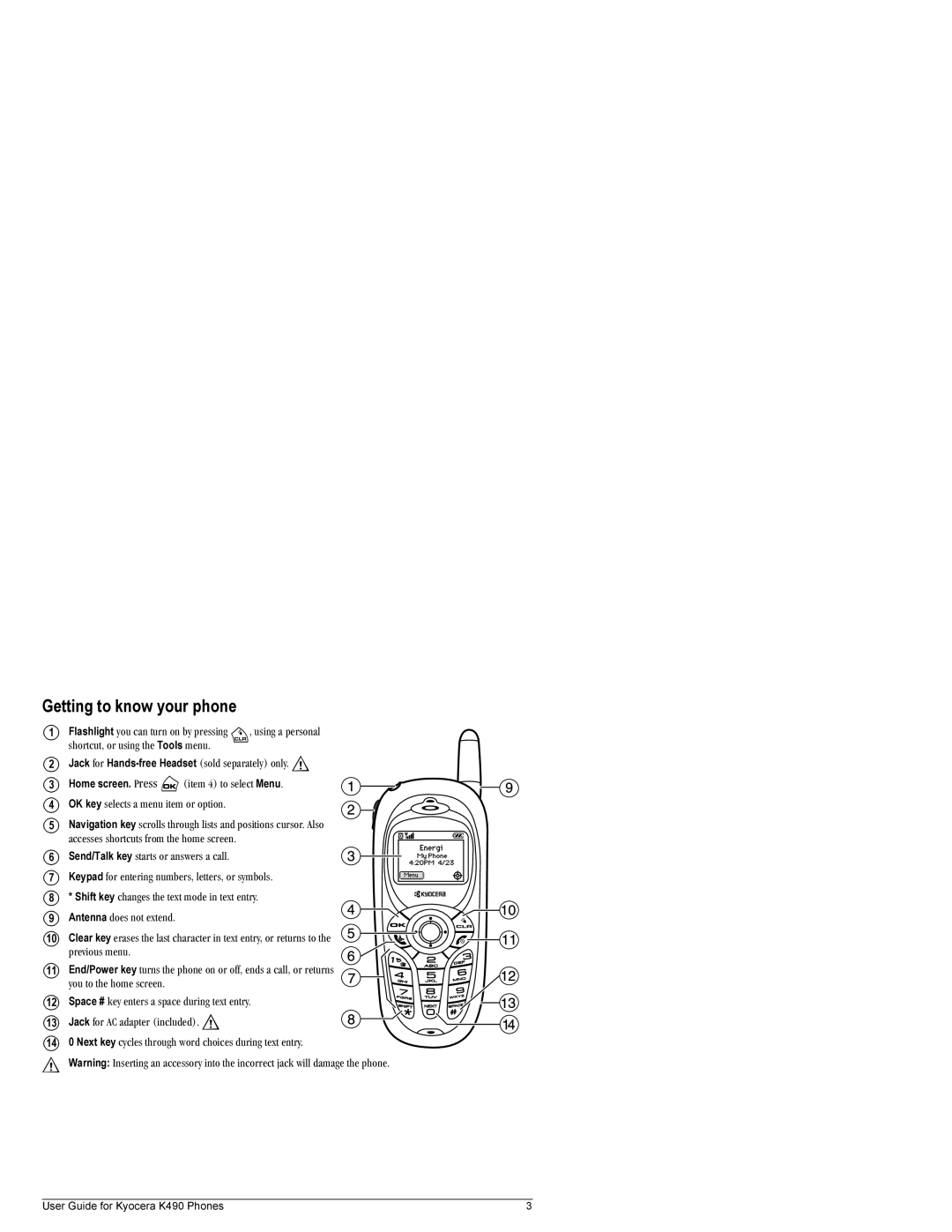 Kyocera K490 manual Getting to know your phone 