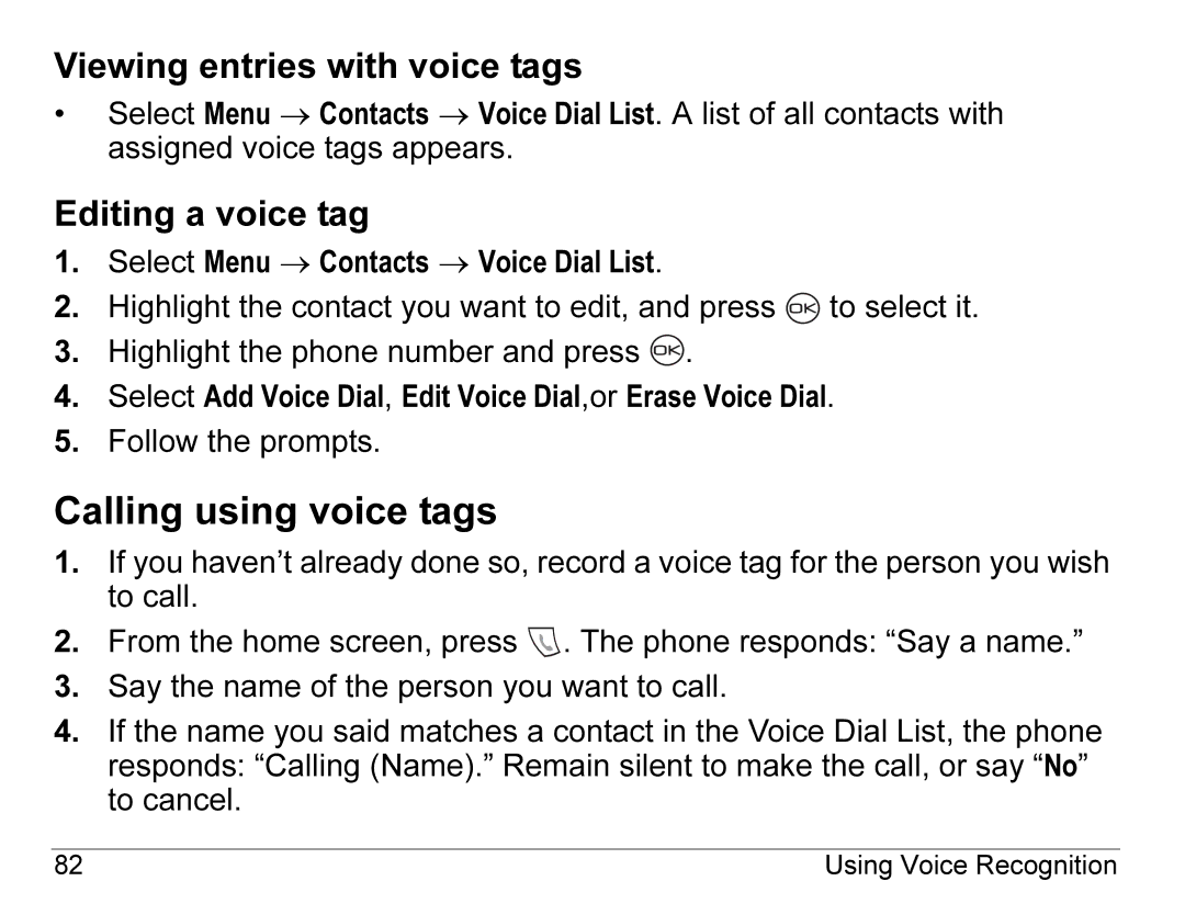 Kyocera K490 manual Calling using voice tags, Viewing entries with voice tags, Editing a voice tag 