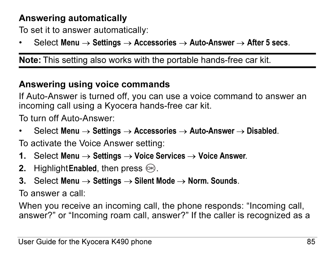 Kyocera K490 manual Answering automatically, Answering using voice commands 