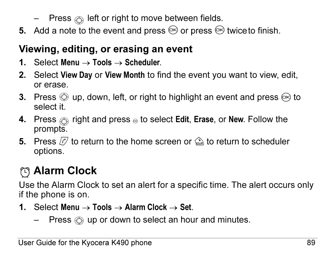 Kyocera K490 manual Alarm Clock, Viewing, editing, or erasing an event 