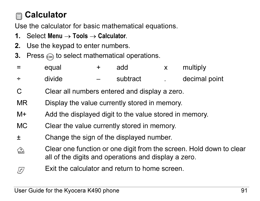 Kyocera K490 manual Calculator 