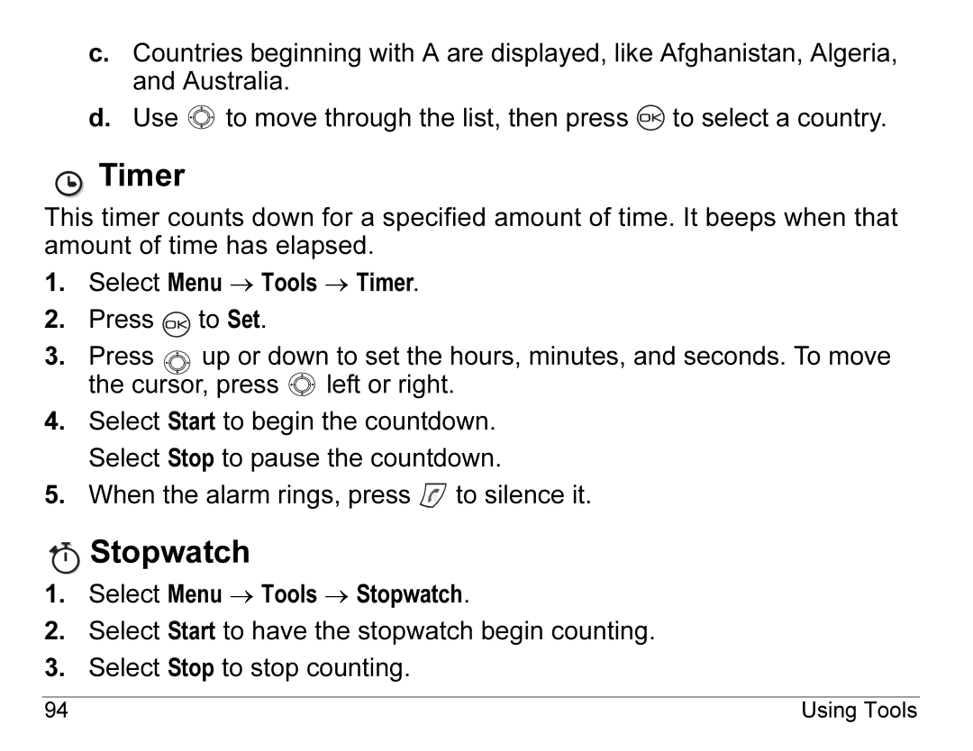 Kyocera K490 manual Timer, Stopwatch 