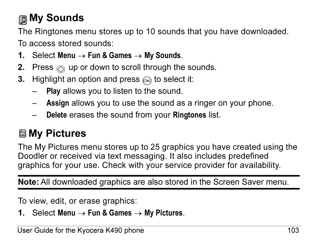 Kyocera K490 manual My Sounds, My Pictures 