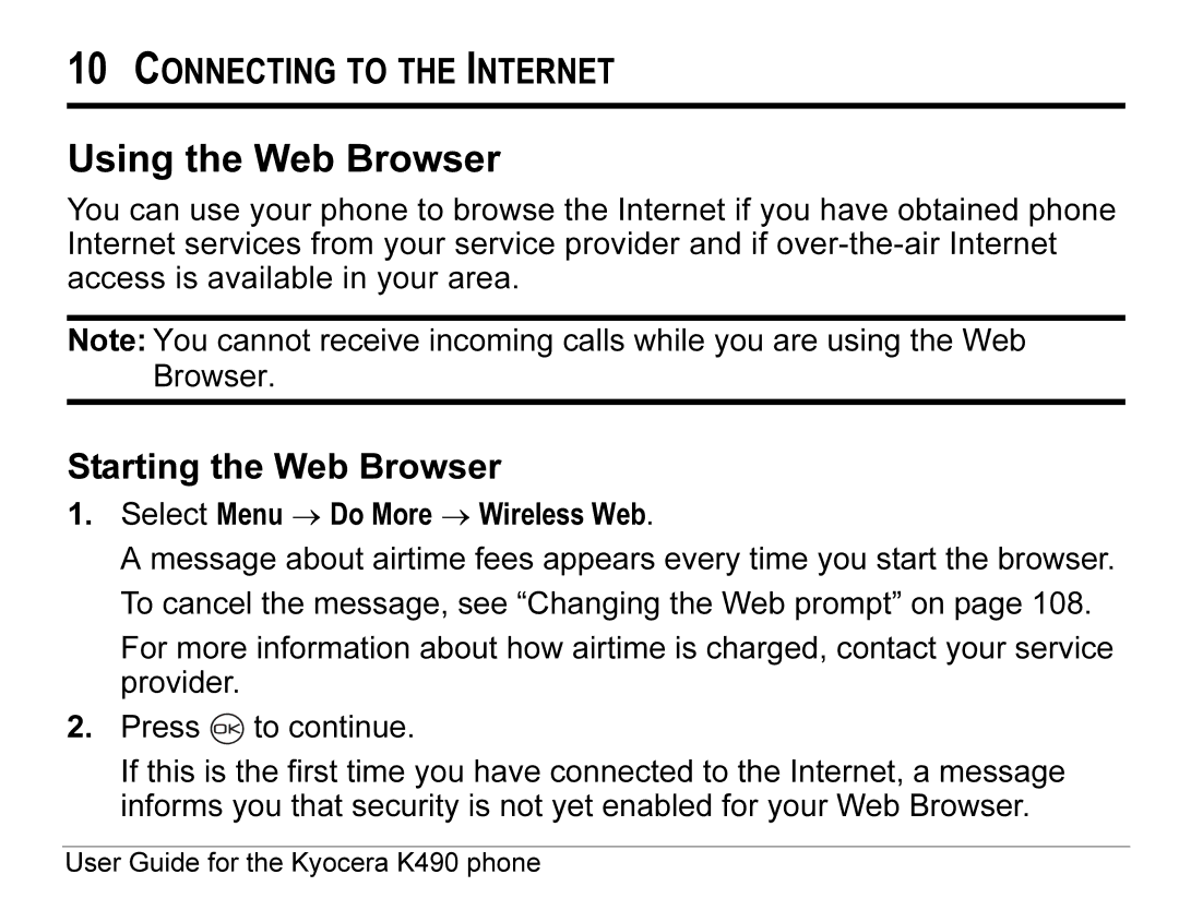 Kyocera K490 manual Using the Web Browser, Starting the Web Browser 