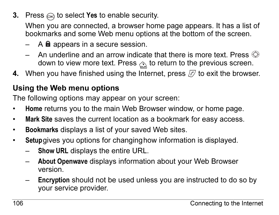 Kyocera K490 manual Using the Web menu options 