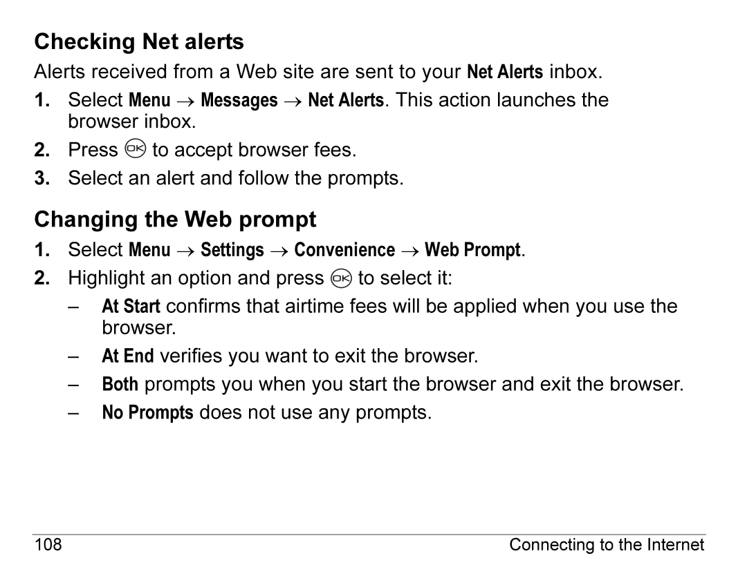 Kyocera K490 manual Checking Net alerts, Changing the Web prompt 