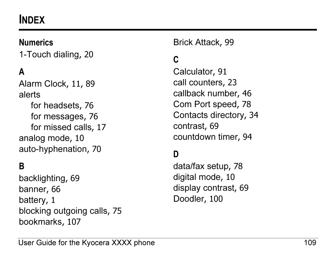 Kyocera K490 manual Index, Numerics 