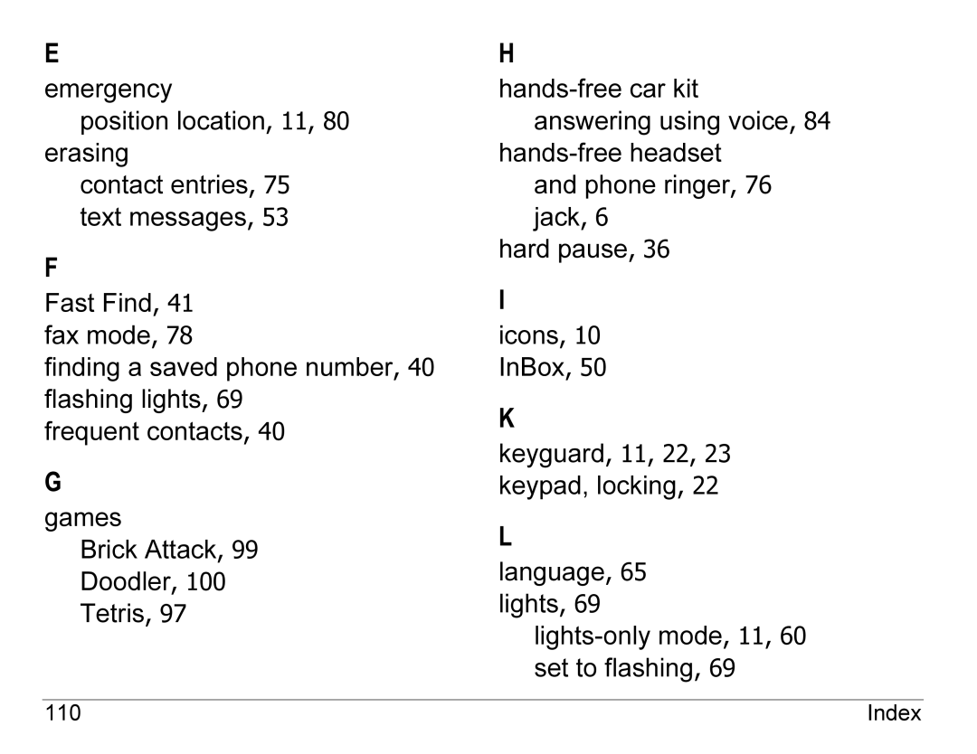 Kyocera K490 manual Language, 65 lights Lights-only mode, 11, 60 set to flashing 