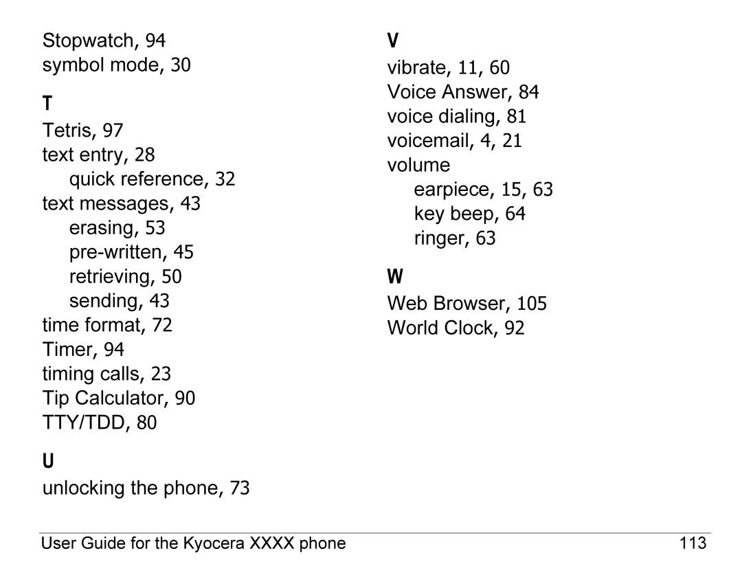 Kyocera K490 manual Web Browser, 105 World Clock 