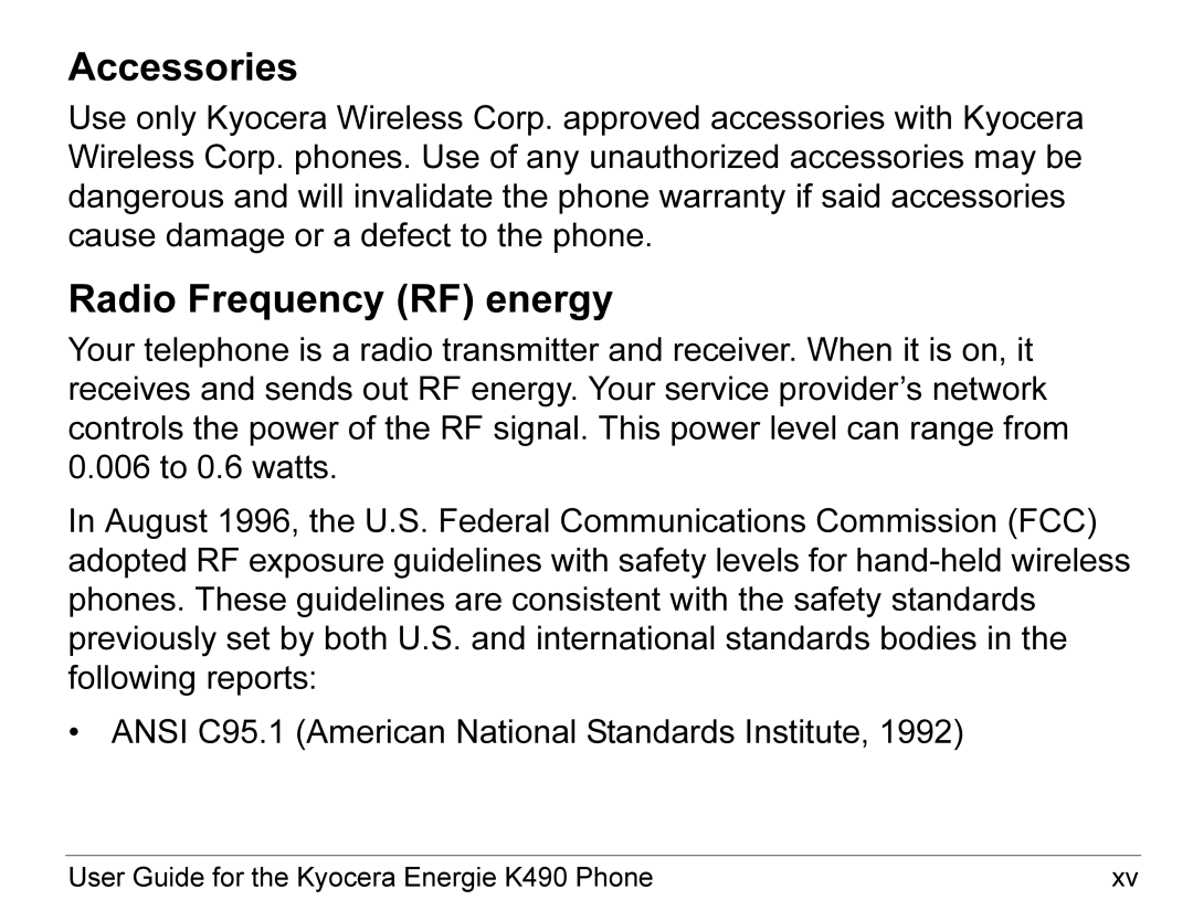 Kyocera K490 manual Accessories, Radio Frequency RF energy 