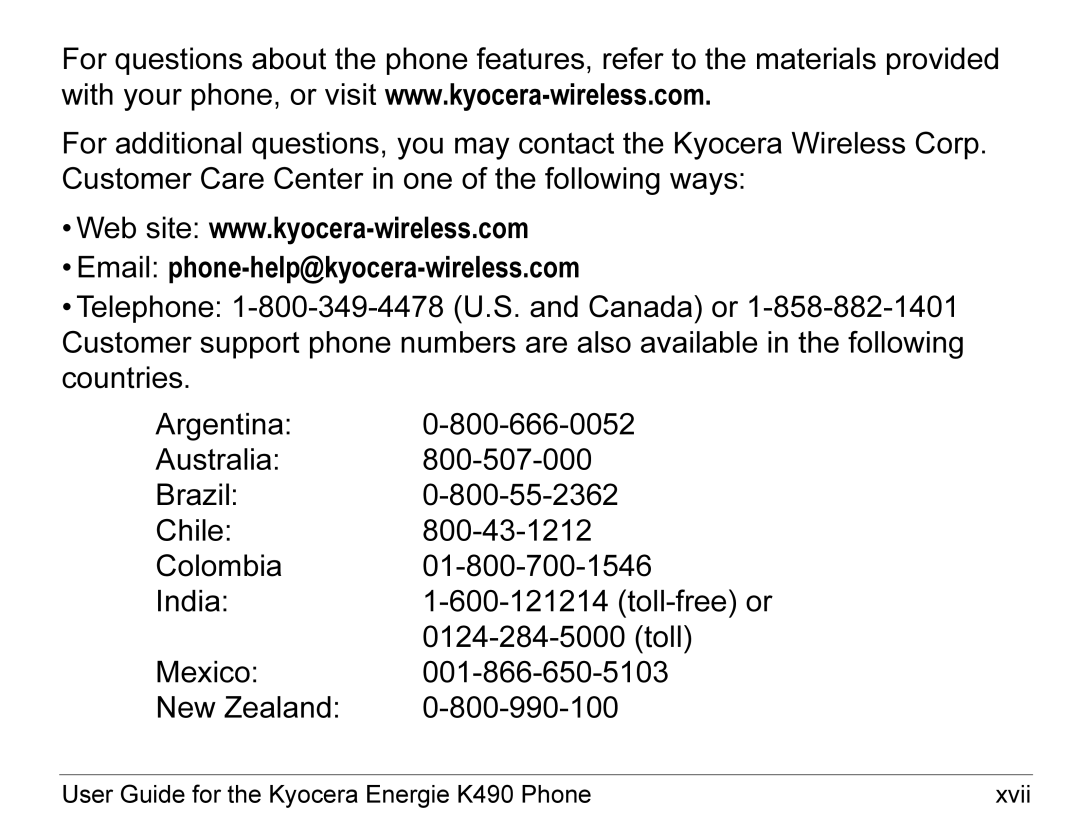 Kyocera manual User Guide for the Kyocera Energie K490 Phone Xvii 