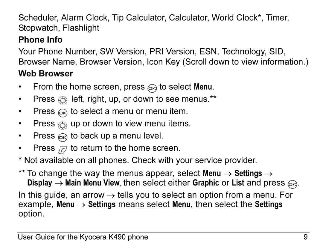 Kyocera manual User Guide for the Kyocera K490 phone 