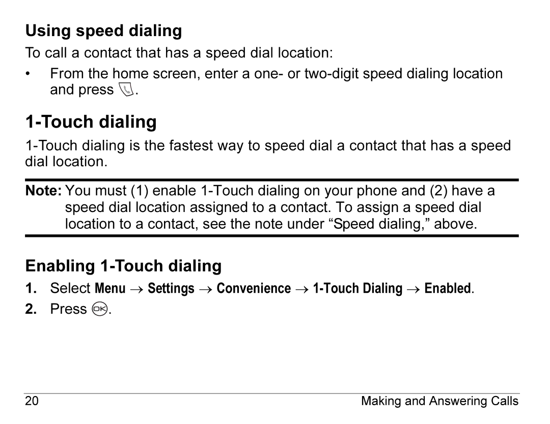 Kyocera K490 manual Using speed dialing, Enabling 1-Touch dialing 