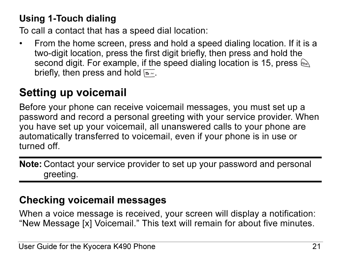 Kyocera K490 manual Setting up voicemail, Checking voicemail messages, Using 1-Touch dialing 