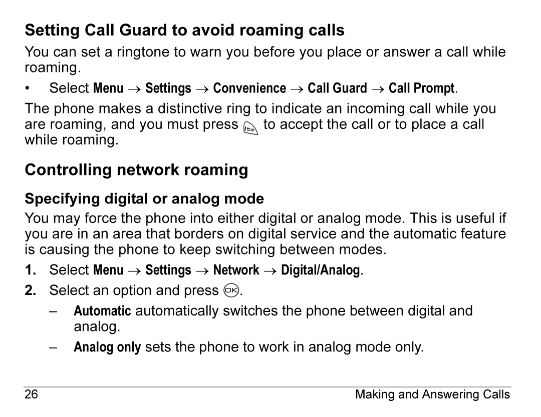 Kyocera K490 Setting Call Guard to avoid roaming calls, Controlling network roaming, Specifying digital or analog mode 