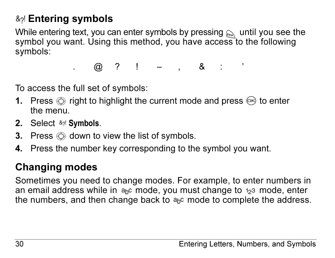 Kyocera K490 manual Entering symbols, Changing modes 