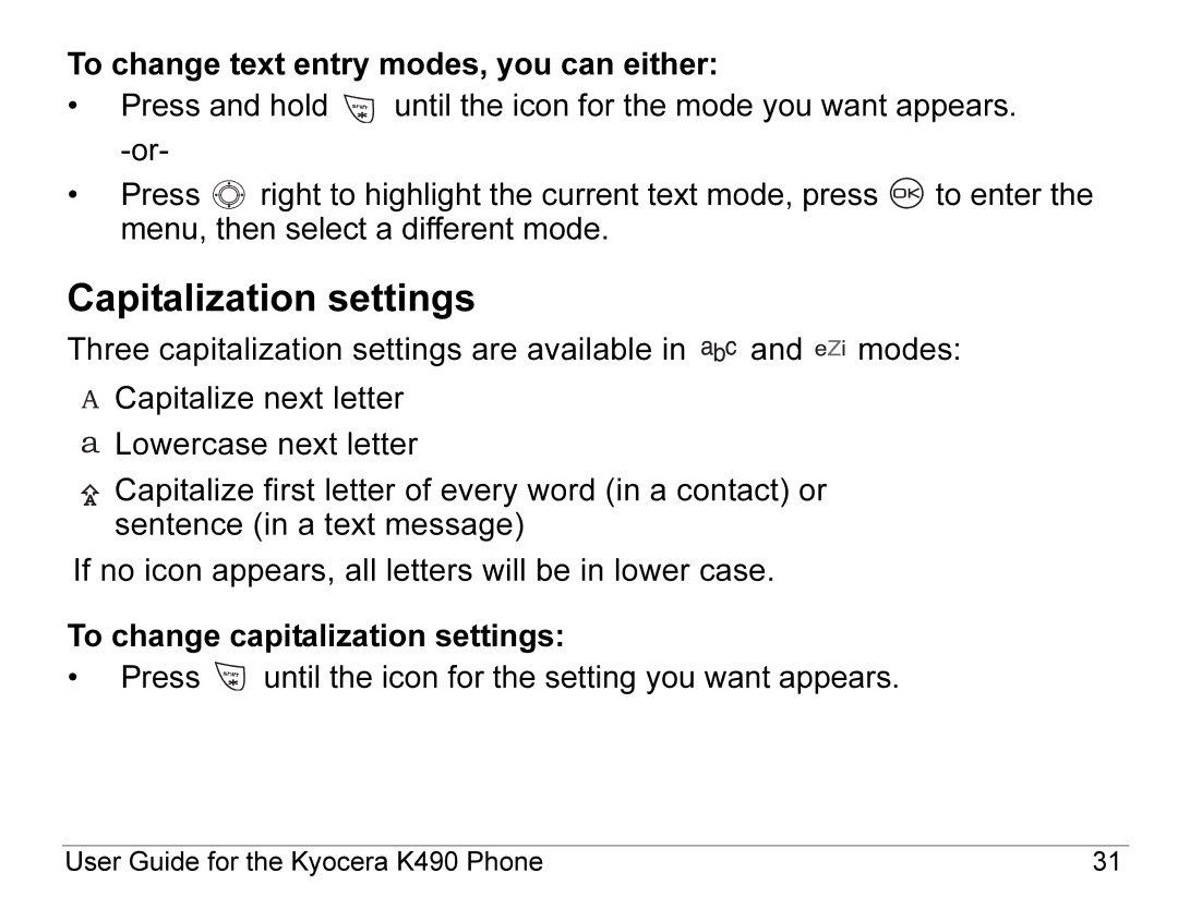 Kyocera K490 manual Capitalization settings 