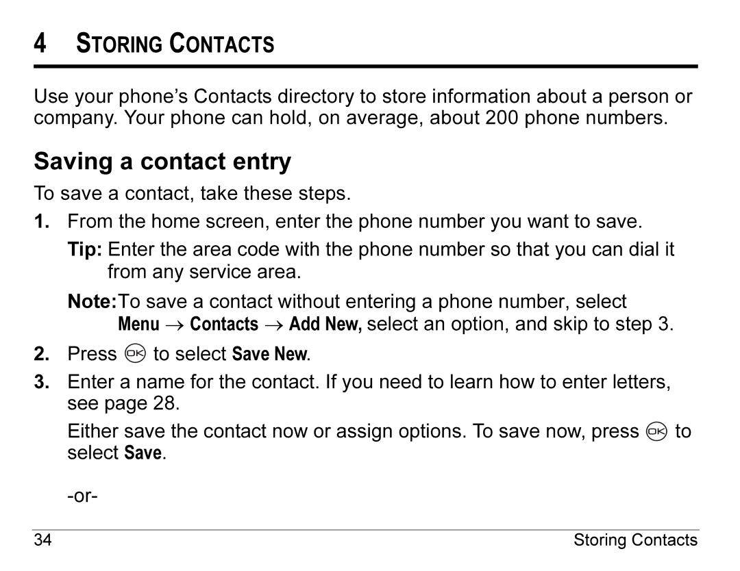 Kyocera K490 manual Saving a contact entry, Storing Contacts 