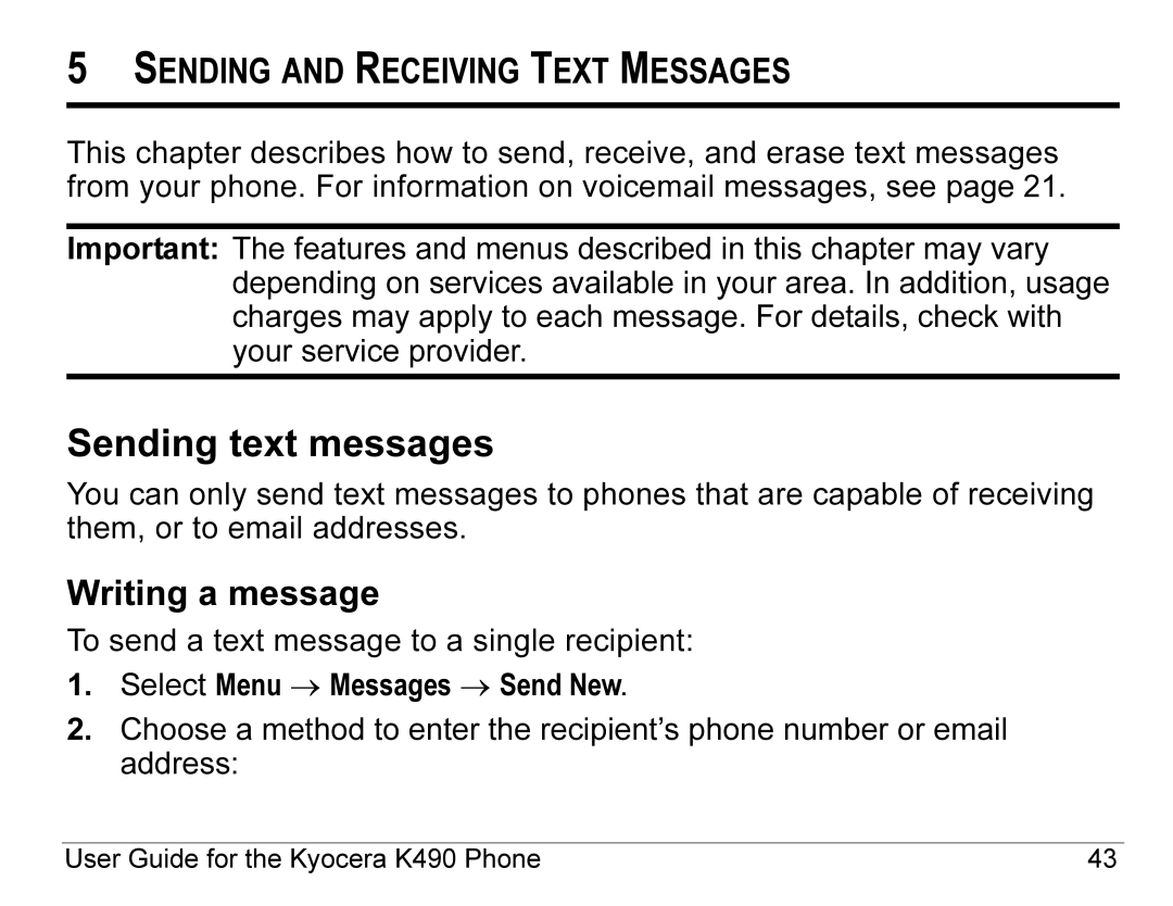 Kyocera K490 manual Sending text messages, Writing a message 