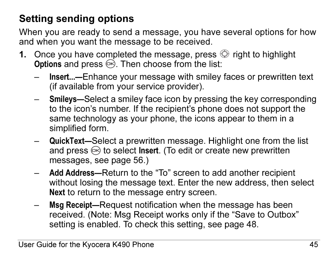 Kyocera K490 manual Setting sending options 