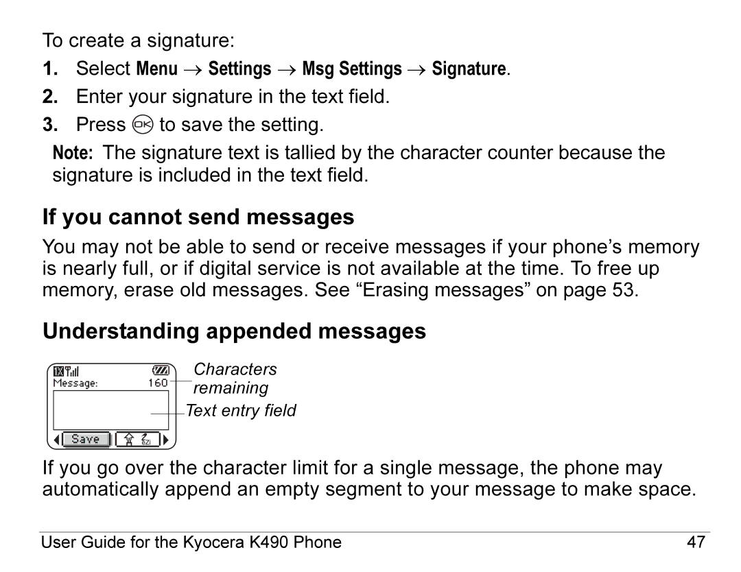 Kyocera K490 manual If you cannot send messages, Understanding appended messages 