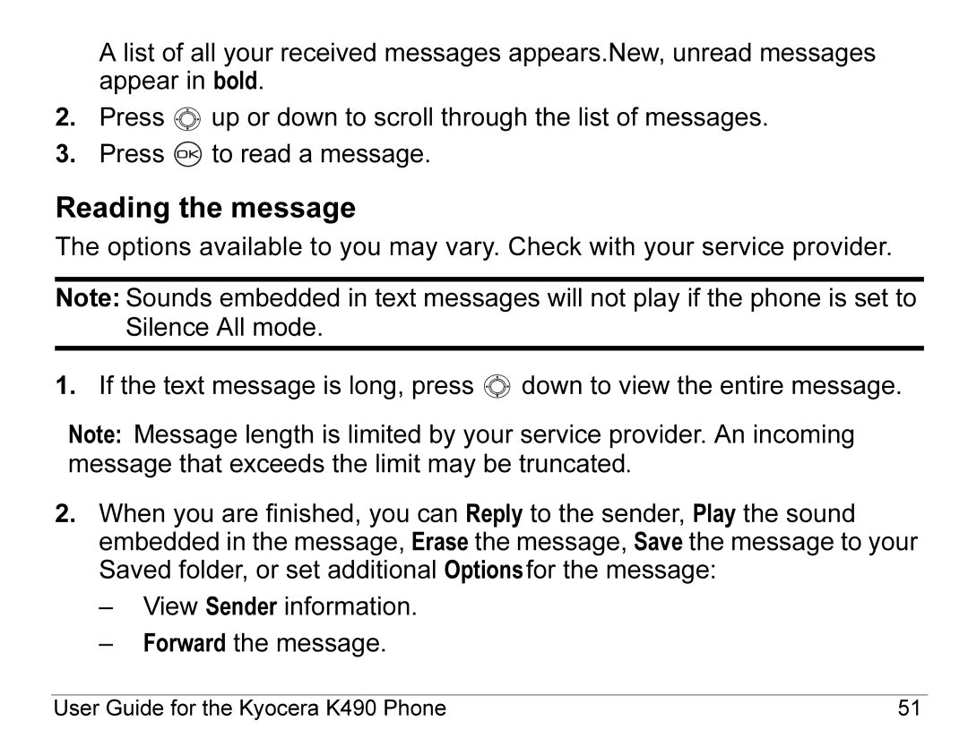 Kyocera K490 manual Reading the message 