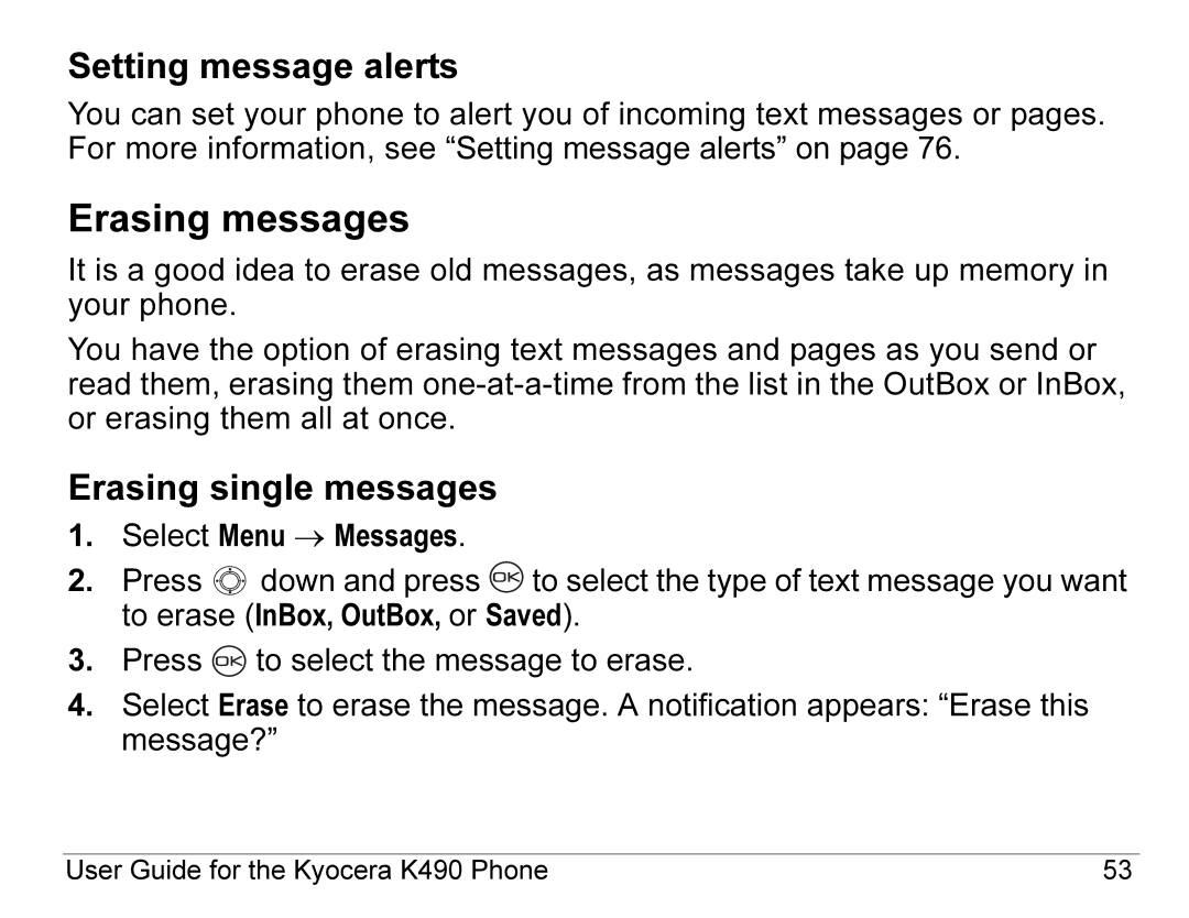 Kyocera K490 manual Erasing messages, Setting message alerts, Erasing single messages 