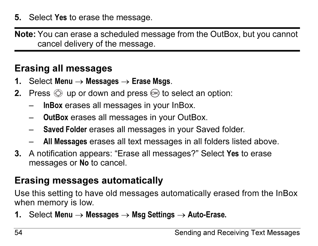 Kyocera K490 manual Erasing all messages, Erasing messages automatically 