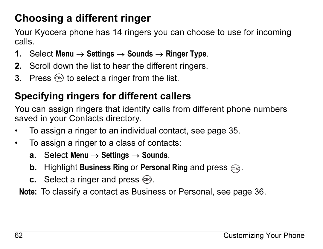 Kyocera K490 manual Choosing a different ringer, Specifying ringers for different callers 