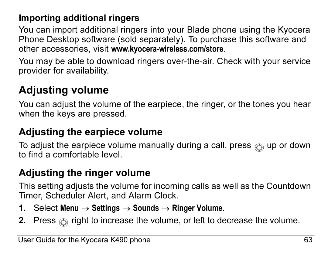 Kyocera K490 Adjusting volume, Adjusting the earpiece volume, Adjusting the ringer volume, Importing additional ringers 