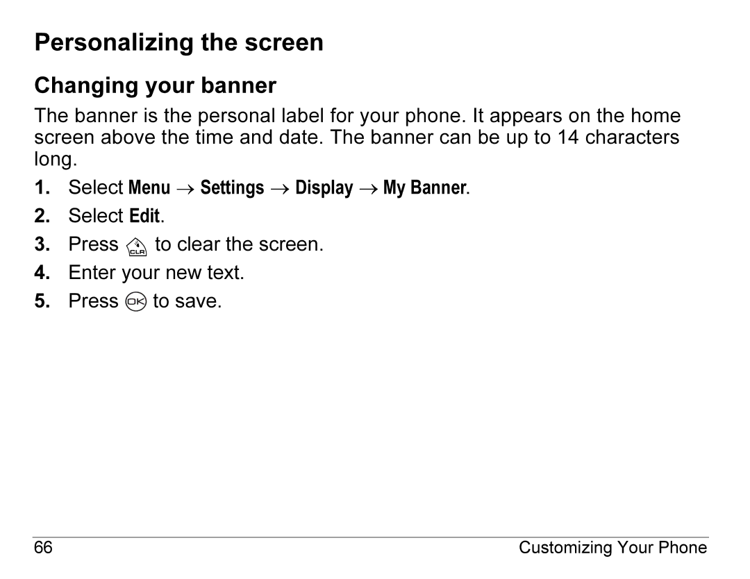 Kyocera K490 manual Personalizing the screen, Changing your banner 