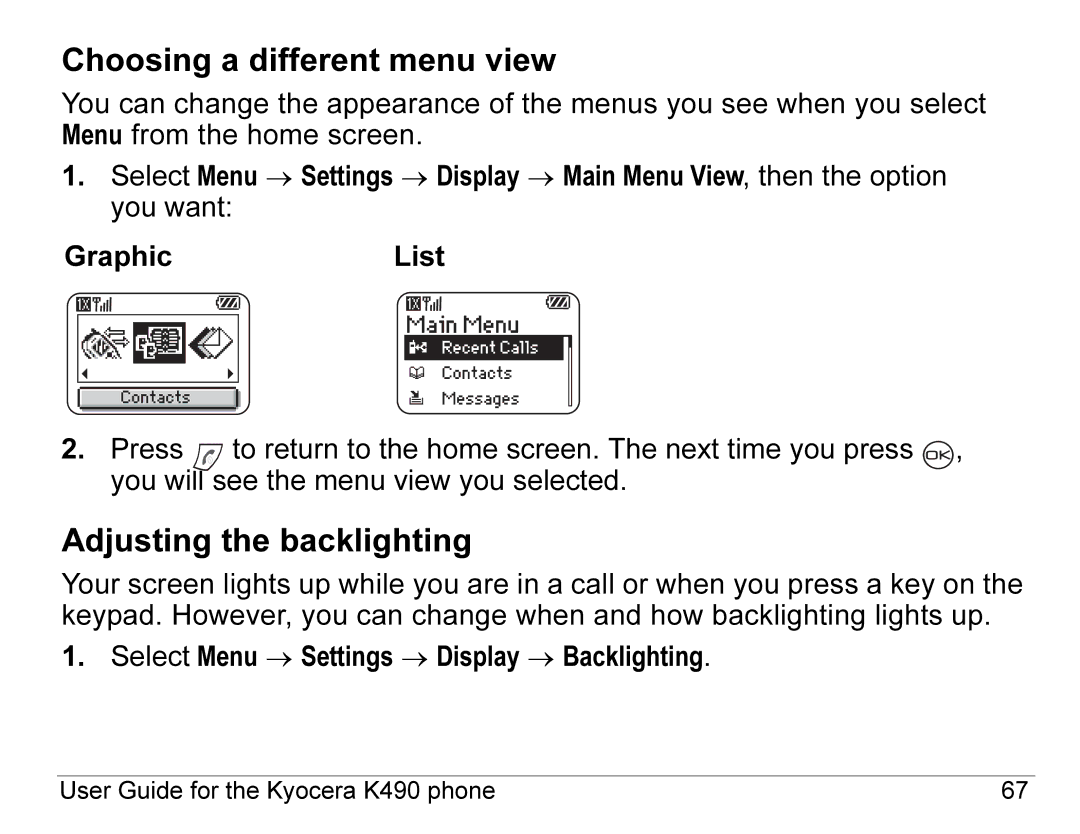 Kyocera K490 manual Choosing a different menu view, Adjusting the backlighting 