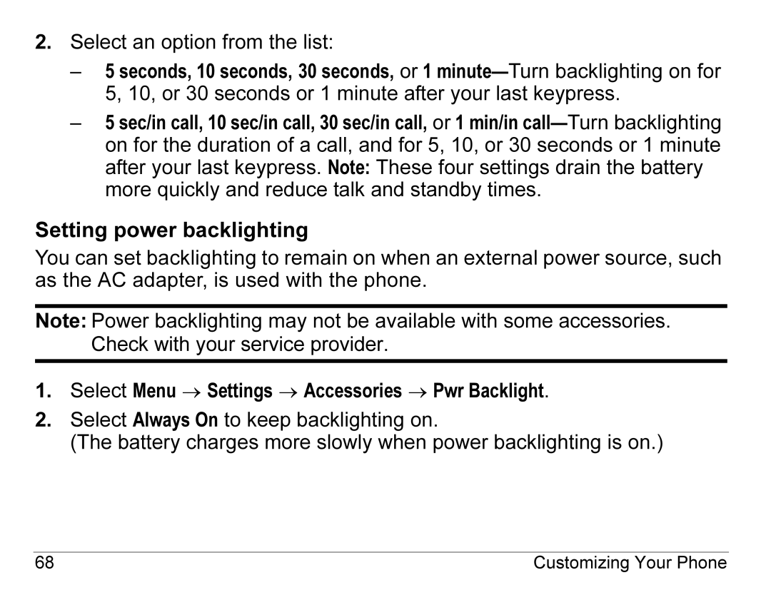 Kyocera K490 manual Setting power backlighting 