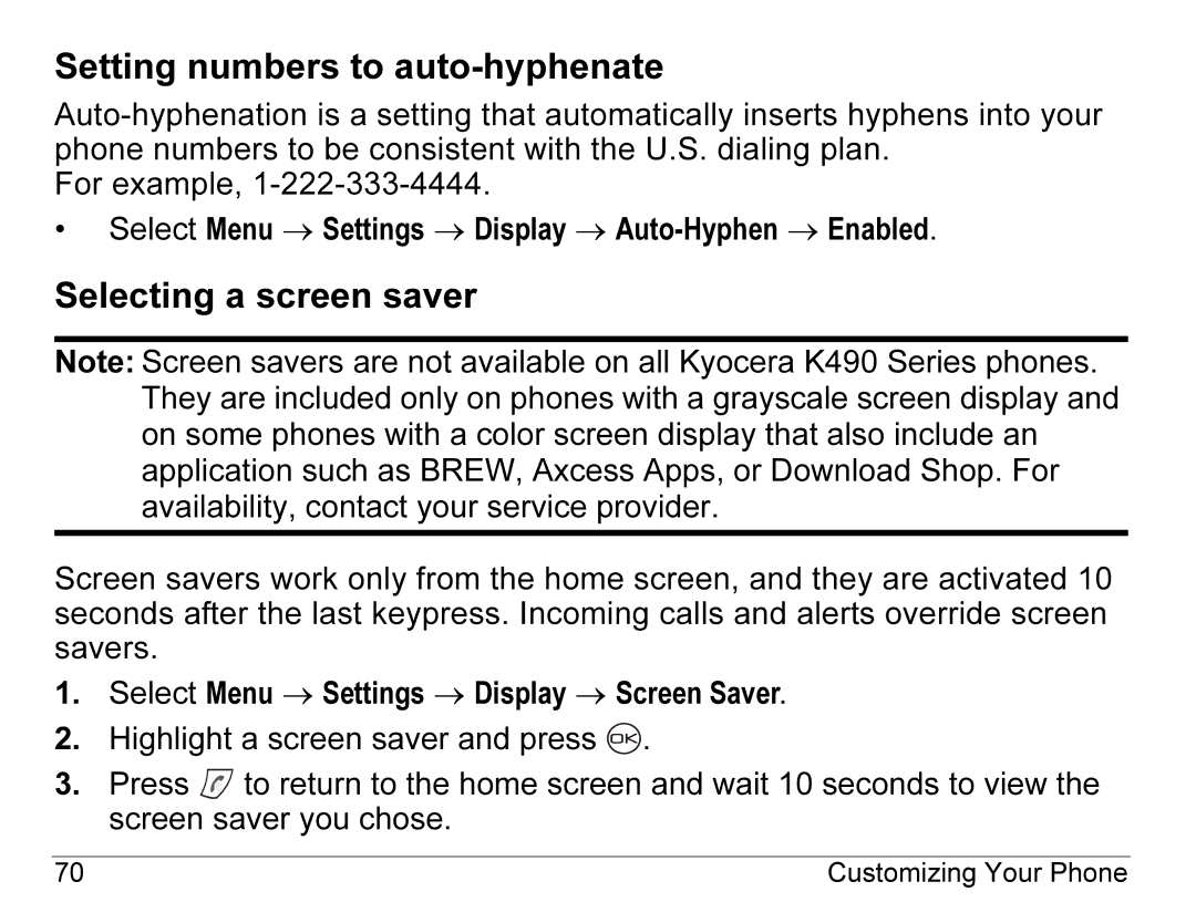 Kyocera K490 manual Setting numbers to auto-hyphenate, Selecting a screen saver 