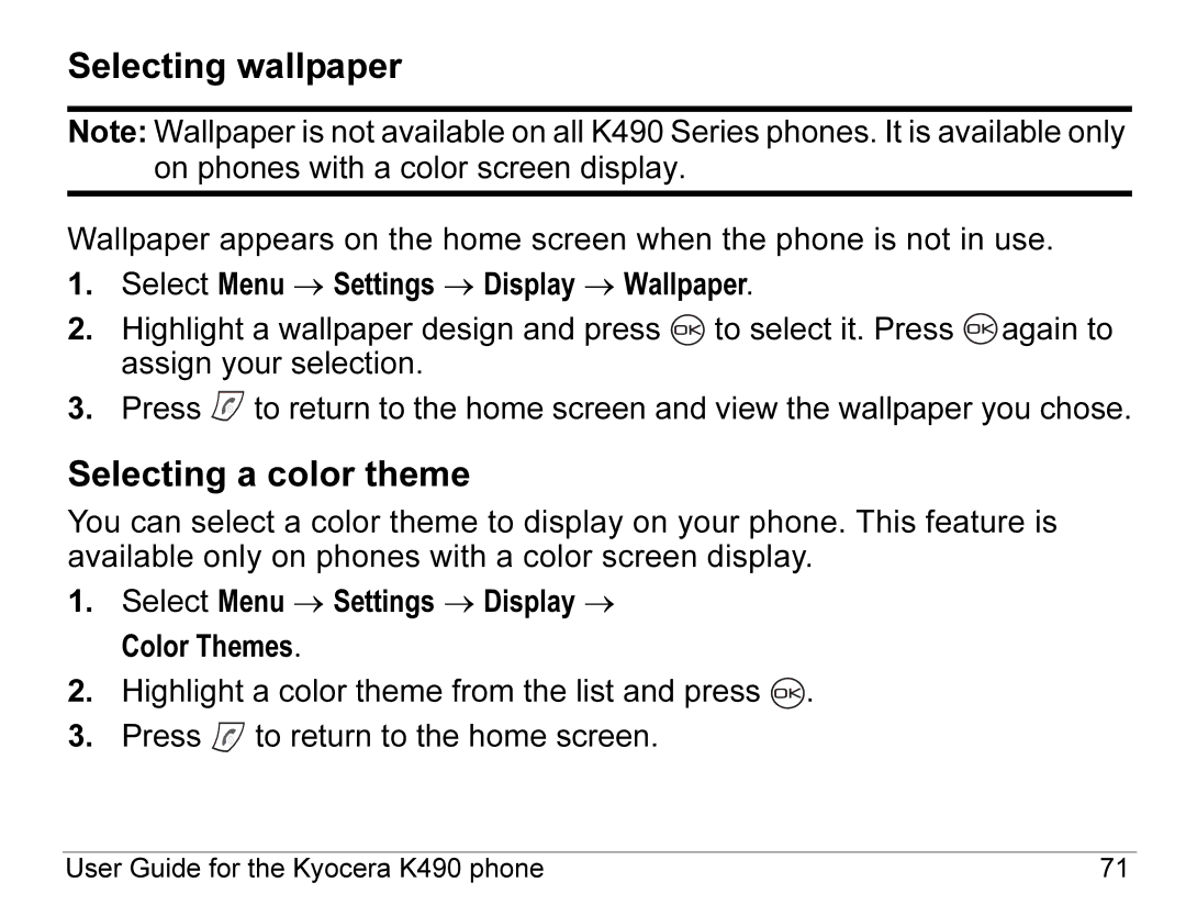 Kyocera K490 manual Selecting wallpaper, Selecting a color theme 