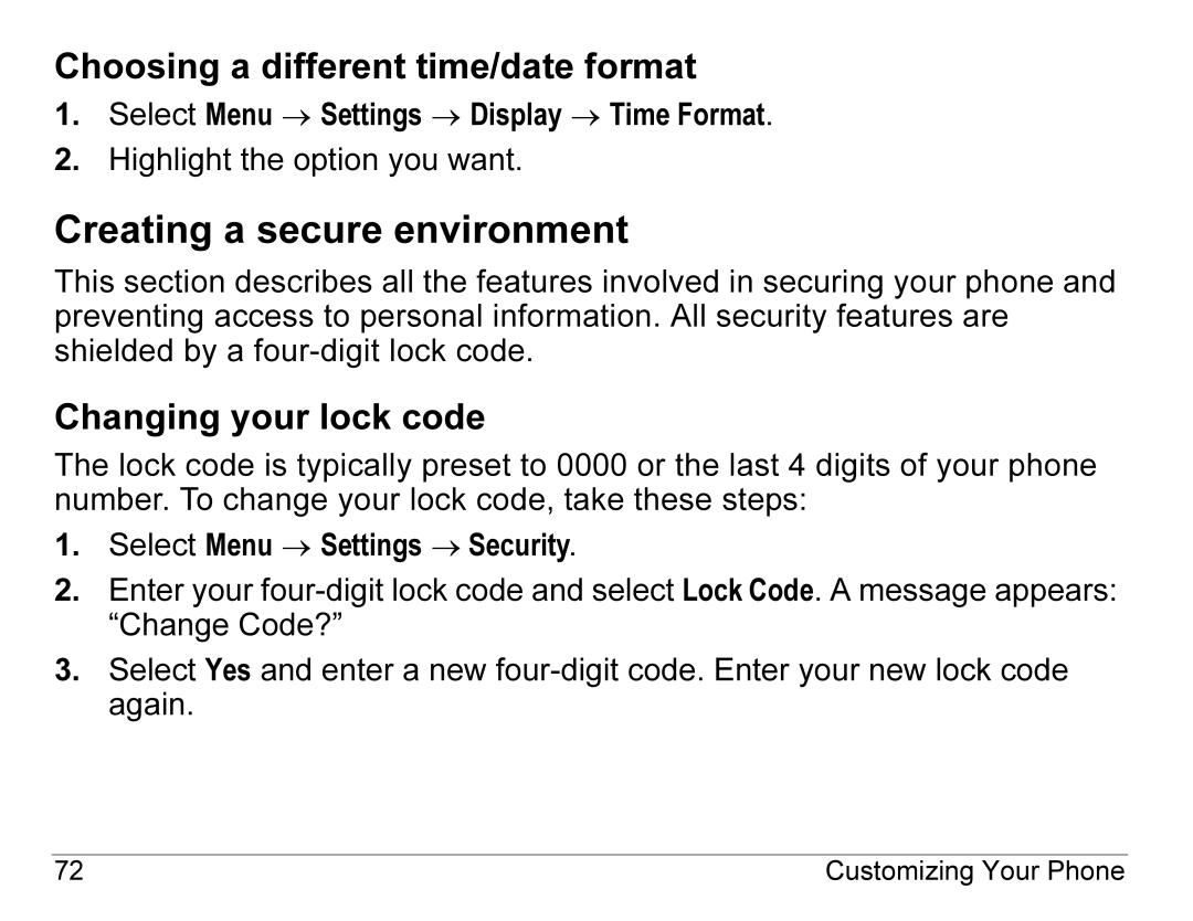 Kyocera K490 manual Creating a secure environment, Choosing a different time/date format, Changing your lock code 