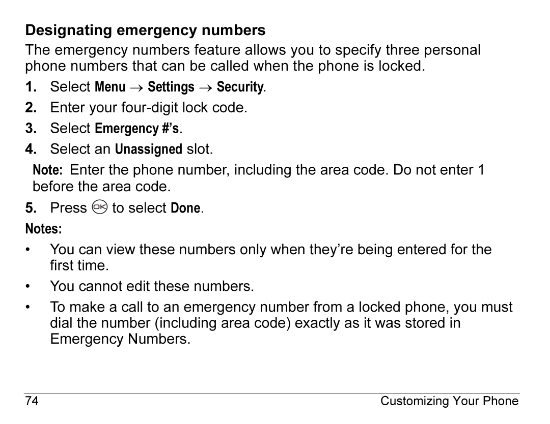 Kyocera K490 manual Designating emergency numbers 