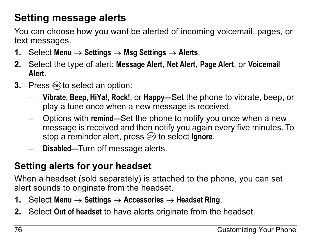 Kyocera K490 manual Setting message alerts, Setting alerts for your headset 