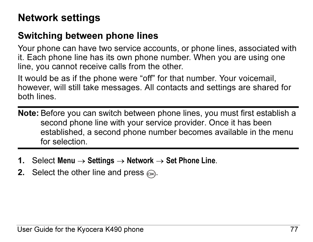 Kyocera K490 manual Network settings, Switching between phone lines 