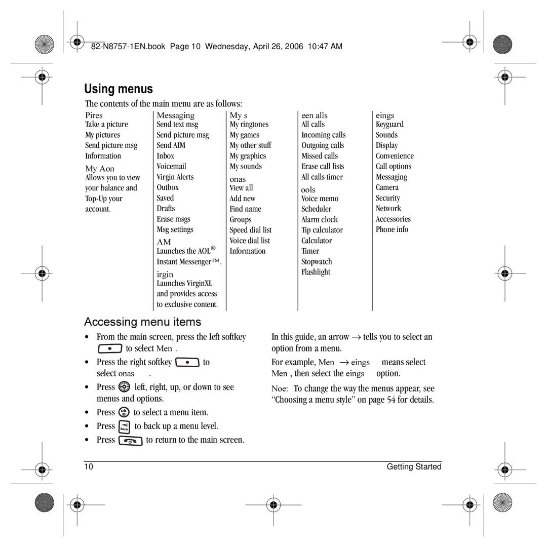 Kyocera K612 manual Using menus, Accessing menu items, Contents of the main menu are as follows 