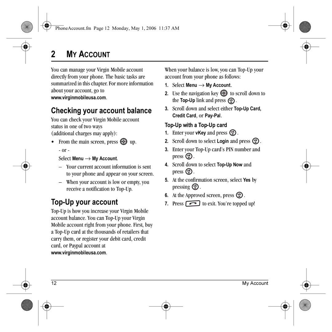 Kyocera K612 manual Checking your account balance, Top-Up your account, MY Account 