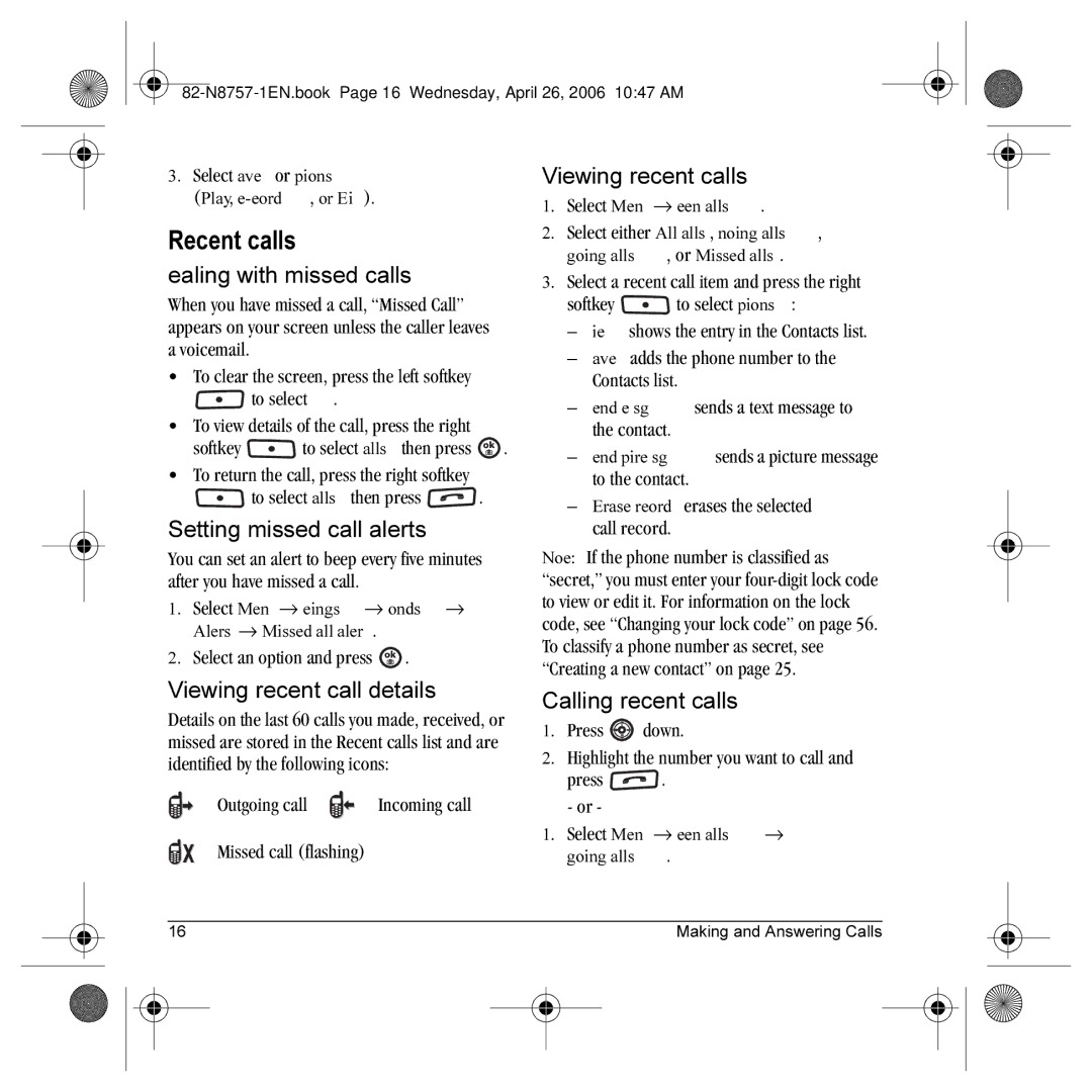 Kyocera K612 manual Recent calls 