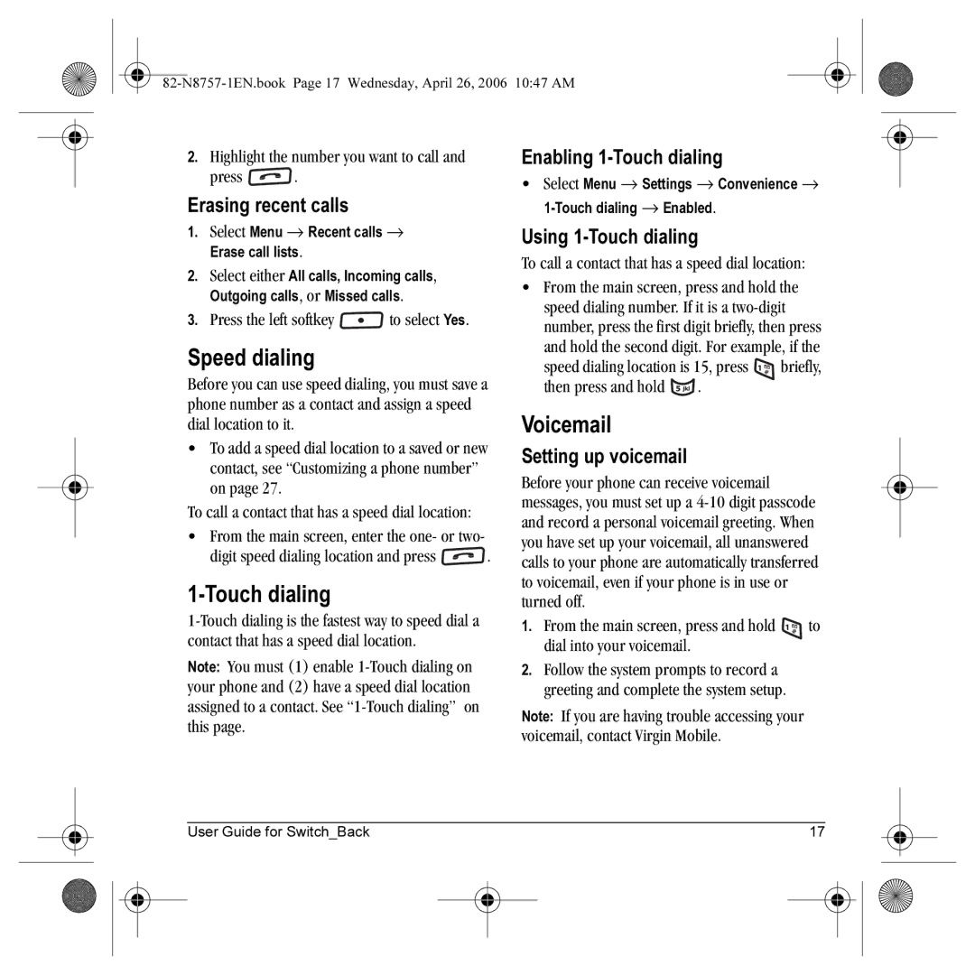 Kyocera K612 manual Speed dialing, Touch dialing, Voicemail 