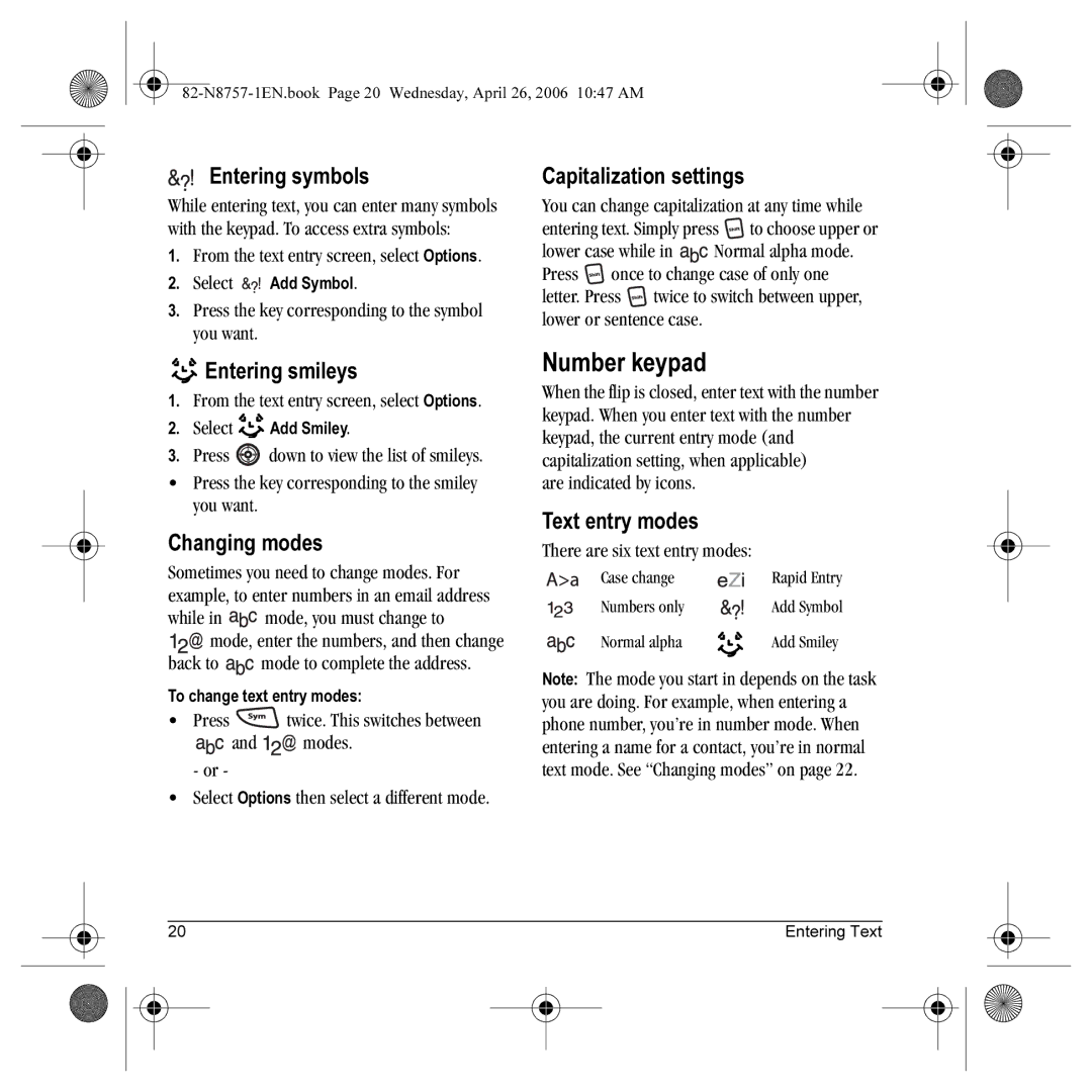 Kyocera K612 manual Number keypad, Entering symbols, Entering smileys, Changing modes, Capitalization settings 