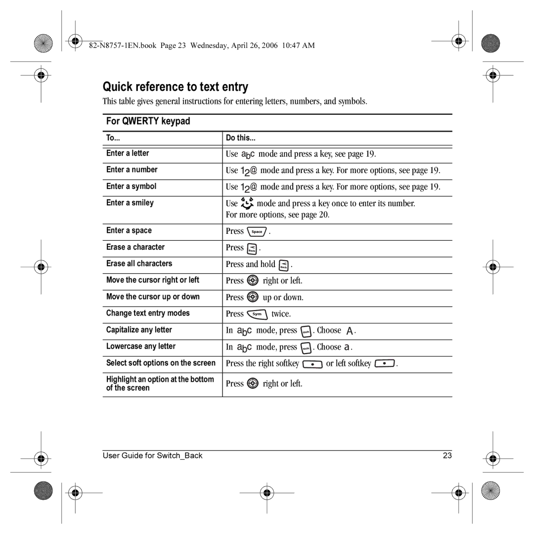 Kyocera K612 manual Quick reference to text entry 