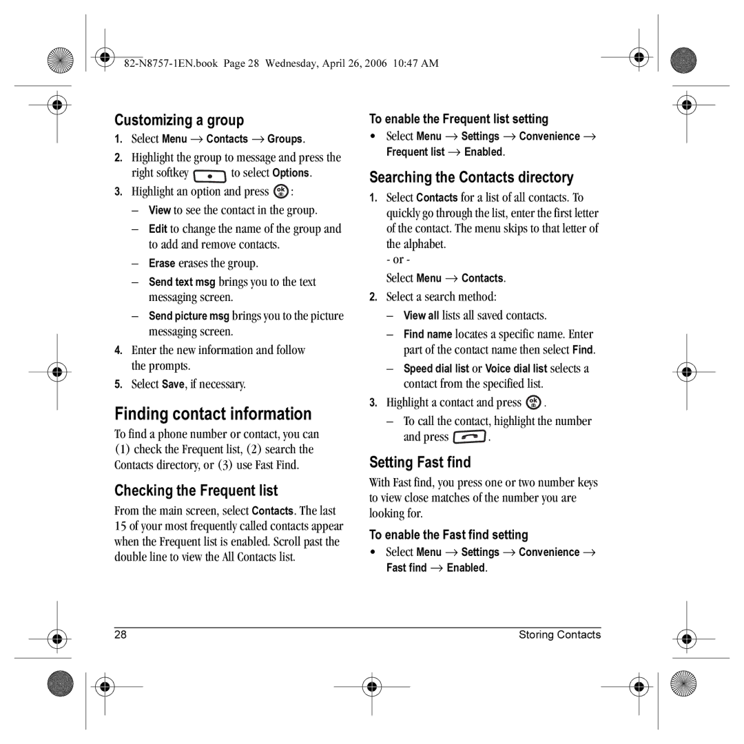 Kyocera K612 manual Finding contact information, Customizing a group, Checking the Frequent list, Setting Fast find 