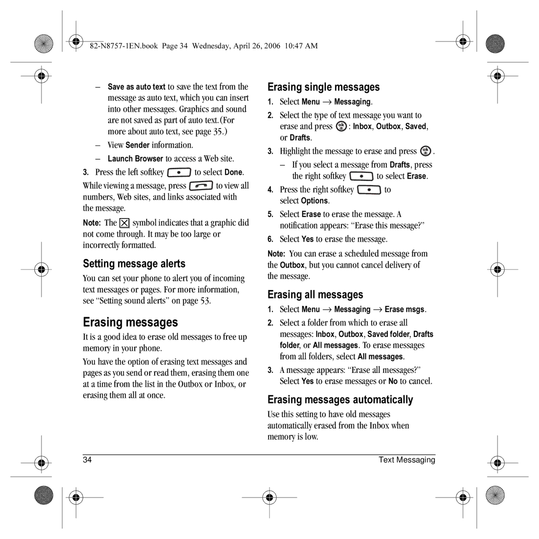 Kyocera K612 manual Erasing messages, Setting message alerts, Erasing single messages, Erasing all messages 