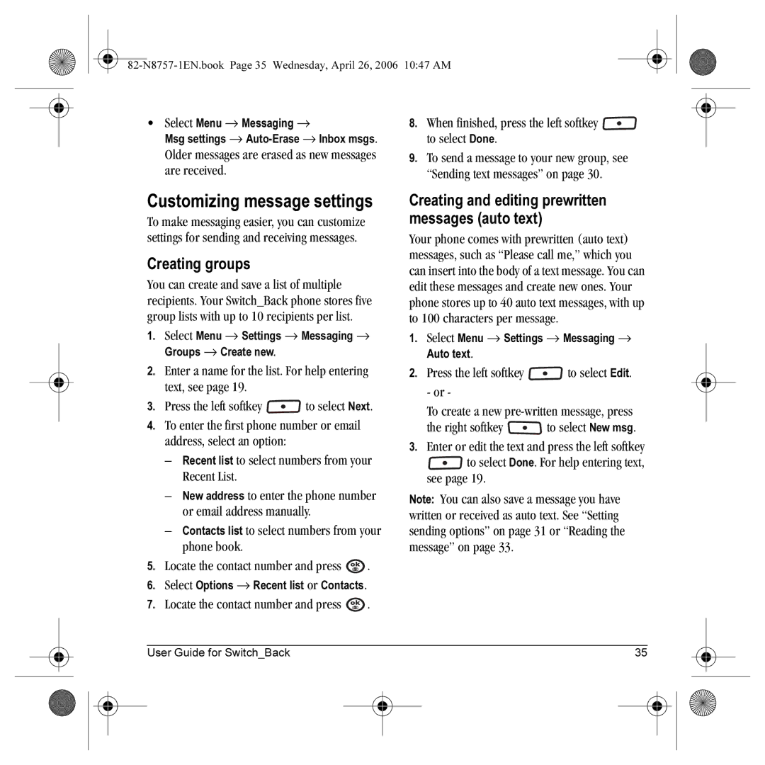 Kyocera K612 manual Customizing message settings, Creating and editing prewritten messages auto text 