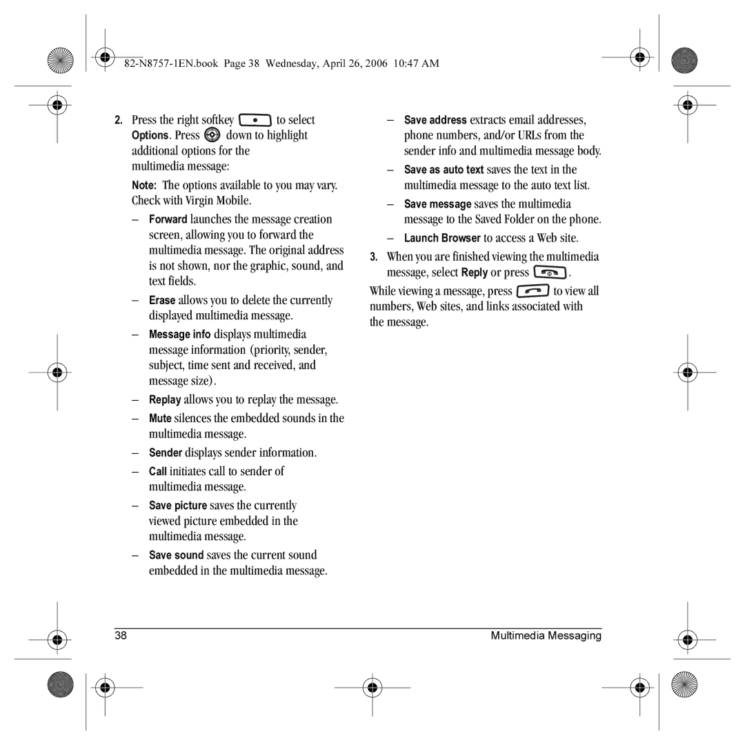 Kyocera K612 manual 82-N8757-1EN.book Page 38 Wednesday, April 26, 2006 1047 AM 